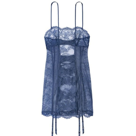 VICTORIA'S SECRET Mixed Sheer Mesh & Lace Mini Slip NWT! BLUE